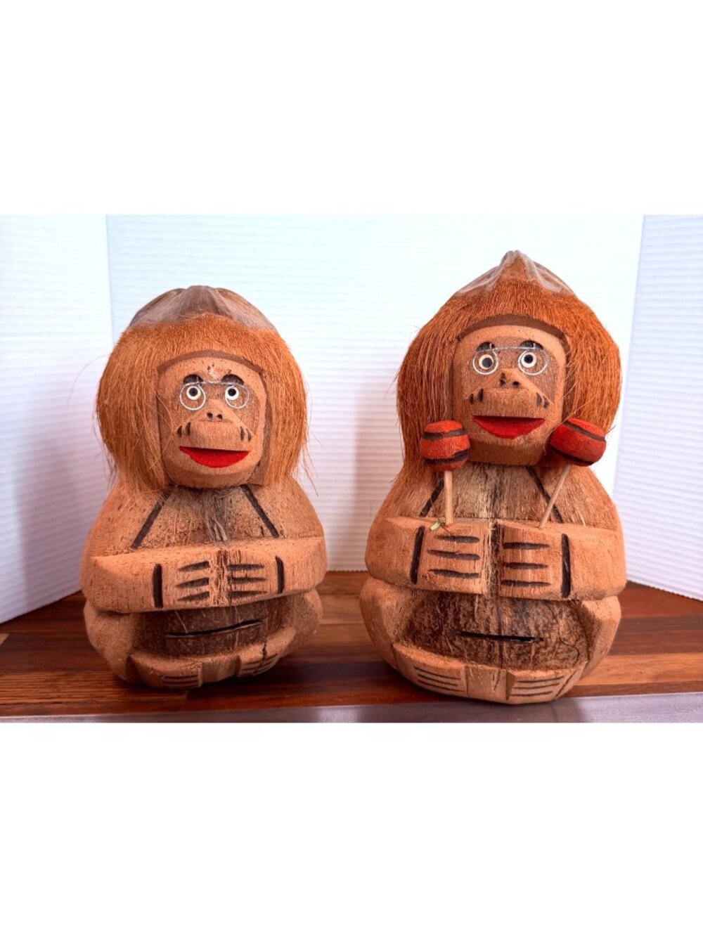 Retro Carved Coconut Shell Monkey Bank Figure with Glasses Tropical Folk Art